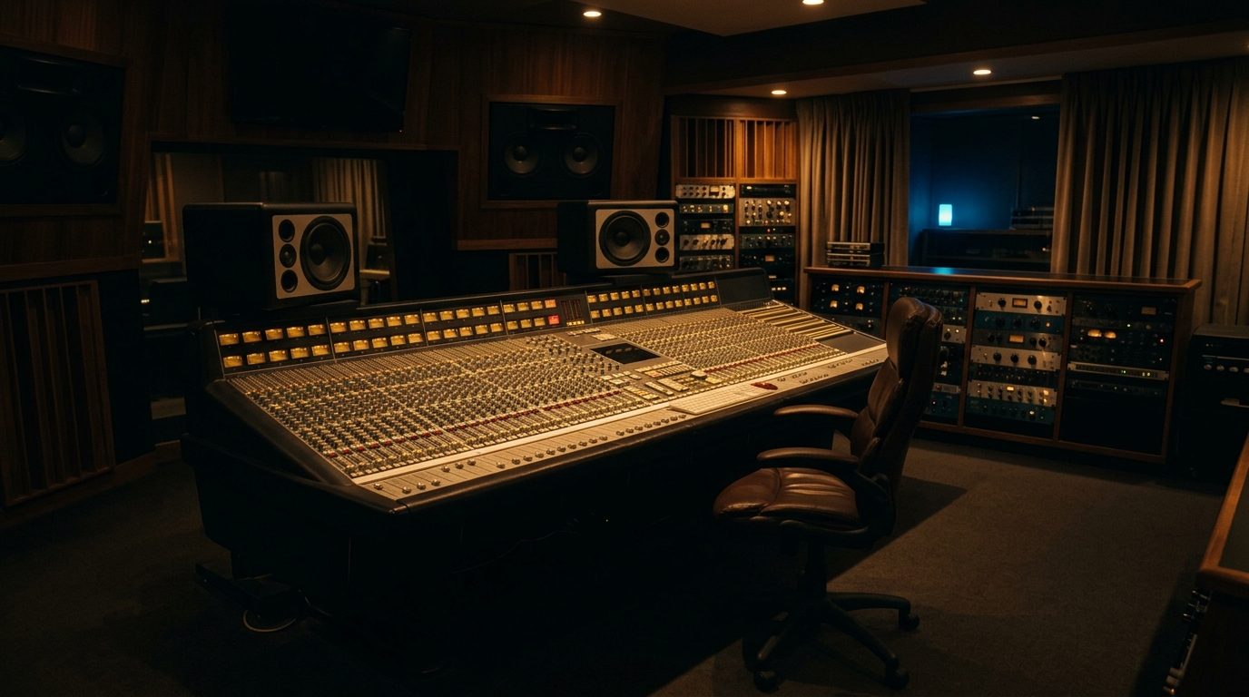 A mastering studio photographed empty and powered on, warm and expectant, waiting.