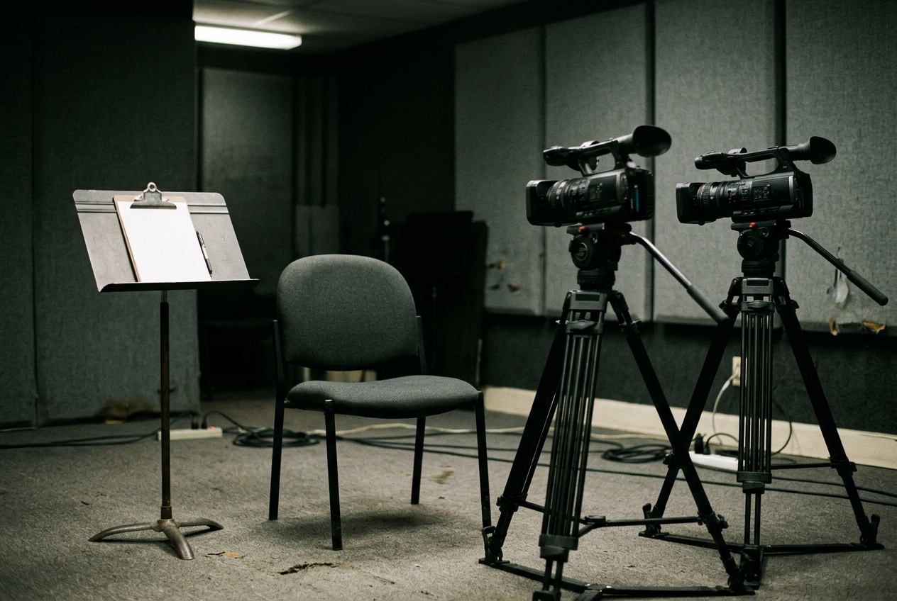 An empty two-camera interview setup, flatly lit — the limit of most gear content.