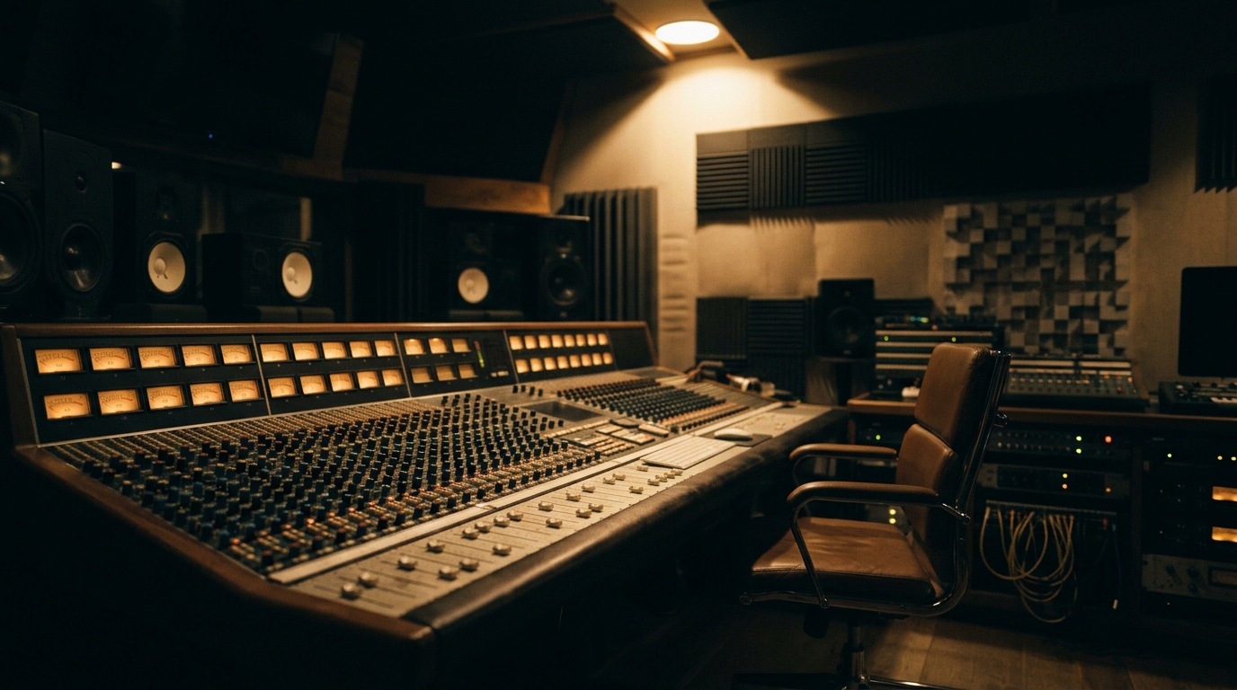 A mastering engineer alone at the console, late, one hand on the processor, VU meters glowing in a dark room.