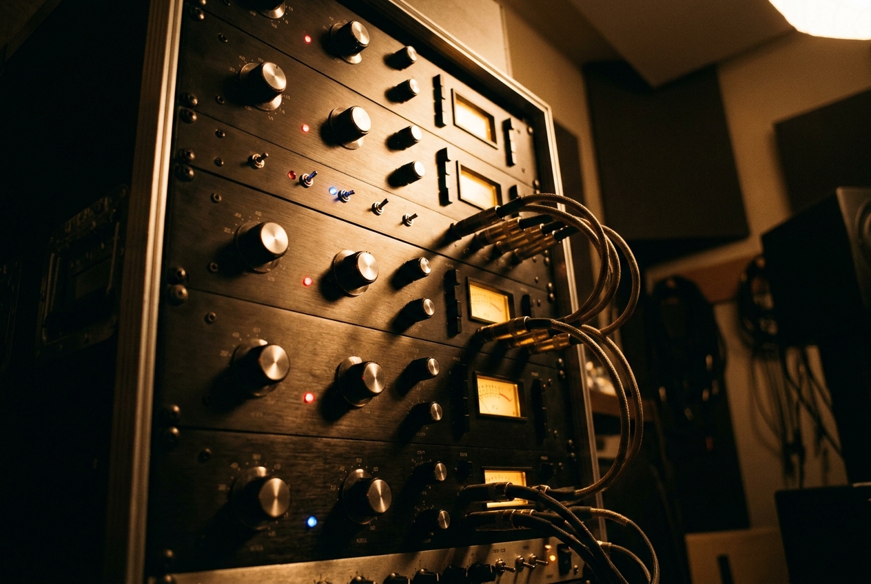 A 19-inch rack filling from bottom to top with analog gear, each unit lit warmer than the last.