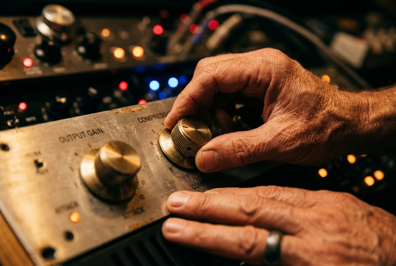 An engineer's hands on the knobs of an analog mastering processor, lit warm.
