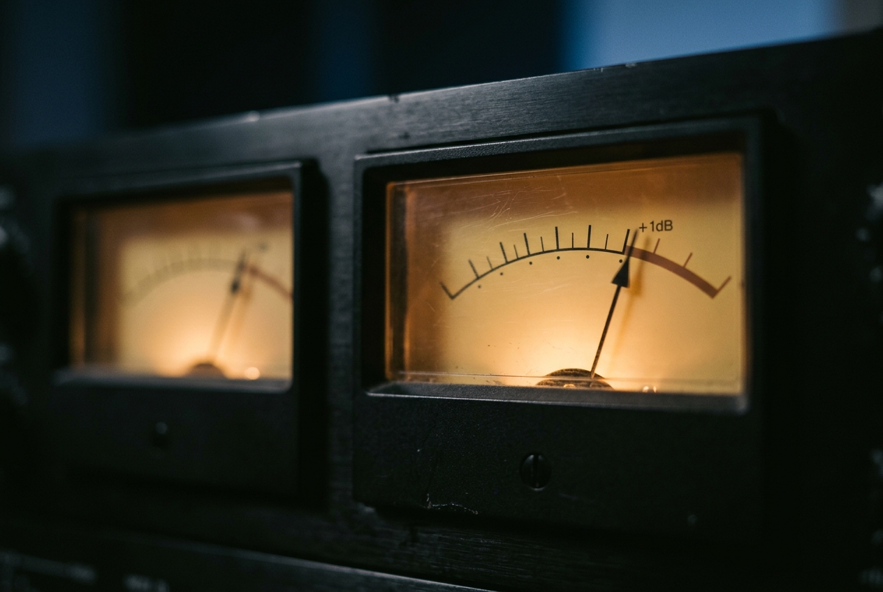 Analog VU meter needles caught mid-motion, glowing warm against near-black.