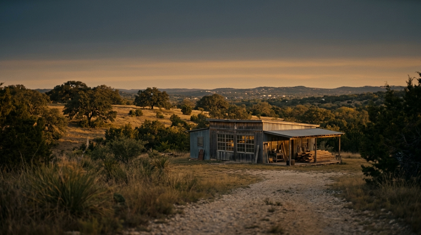 Texas Hill Country at golden hour, a modest workshop building quiet in the landscape.