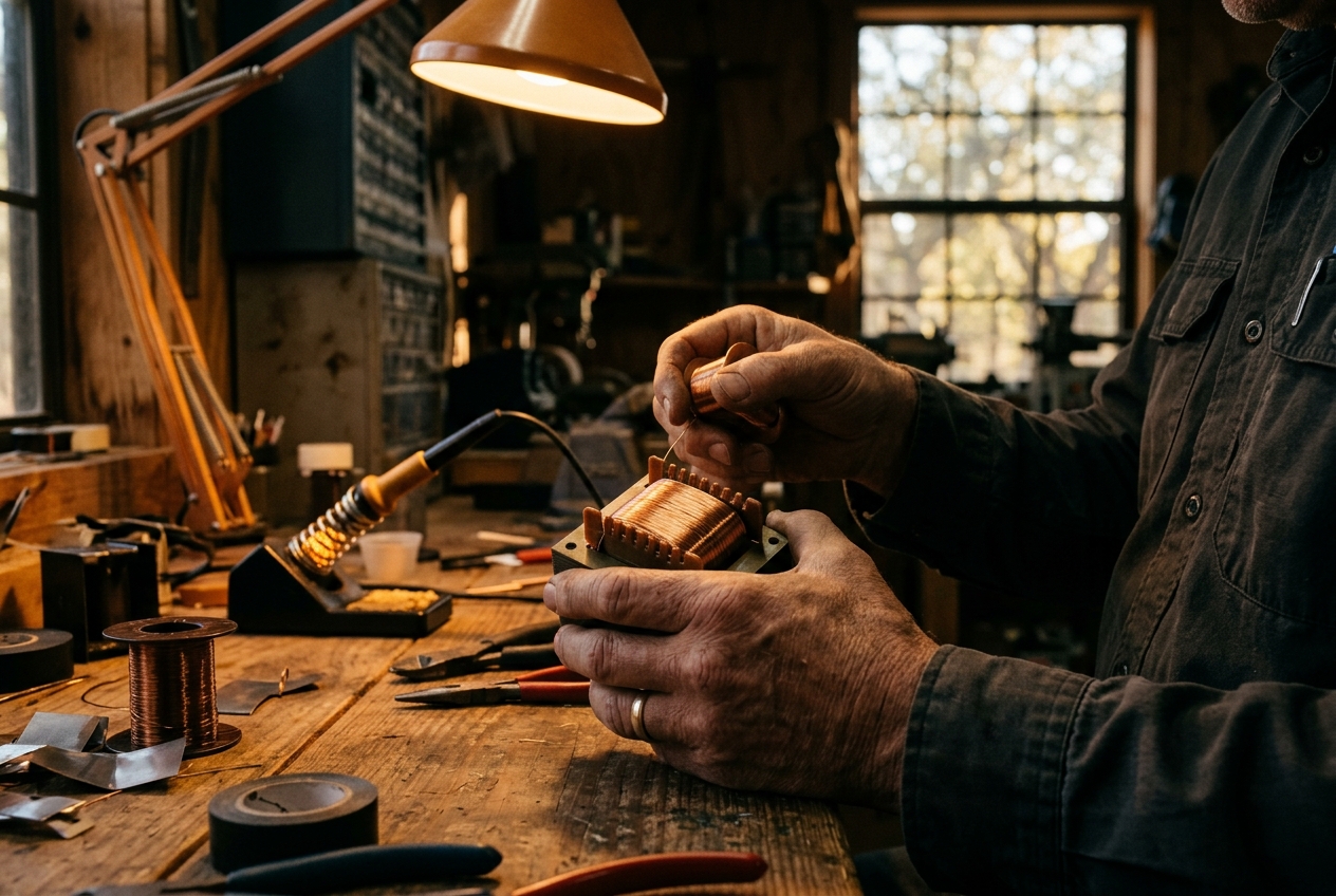 Hands winding a copper audio transformer by hand at a workbench, Hill Country light through the window behind.